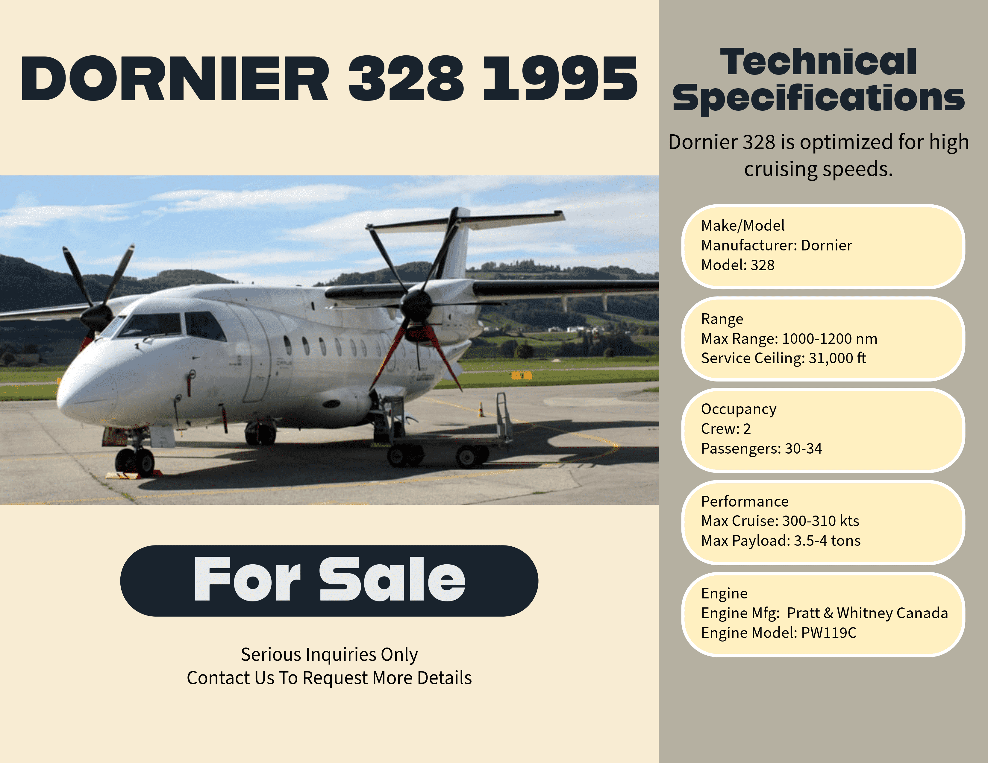 This versatile regional turboprop aircraft is the perfect solution for short-to-medium-haul operations, offering a seating capacity for up to 30 passengers. With a maximum range of approximately 1,000 to 1,200 nautical miles (1,850 to 2,220 kilometers) and a payload capacity of approximately 3.5 to 4.0 tons (7,000 to 8,000 pounds), it ensures seamless connectivity across diverse routes. Equipped with Pratt & Whitney Canada PW119B turboprop engines, this aircraft delivers optimal fuel efficiency, allowing operators to minimize operational costs while maximizing revenue potential. Its well-appointed cabin ensures passenger comfort, making every journey a pleasant experience.